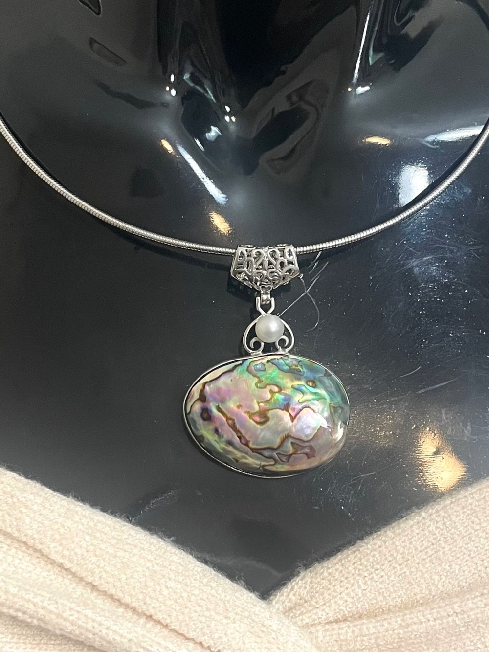 Abalone Shell Choker Collar Pendant Necklace w Pearl Stainless Steel Omega Chain